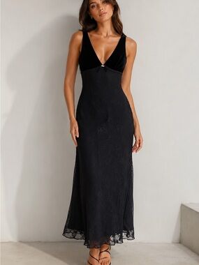 NIA Black Velvet & Lace Midi Dress XS Goth Coquette Cocktail Party Slip Dress